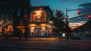 featuring a small business storefront surrounded by colorful storefront, symbolizing local success with ai marketing.