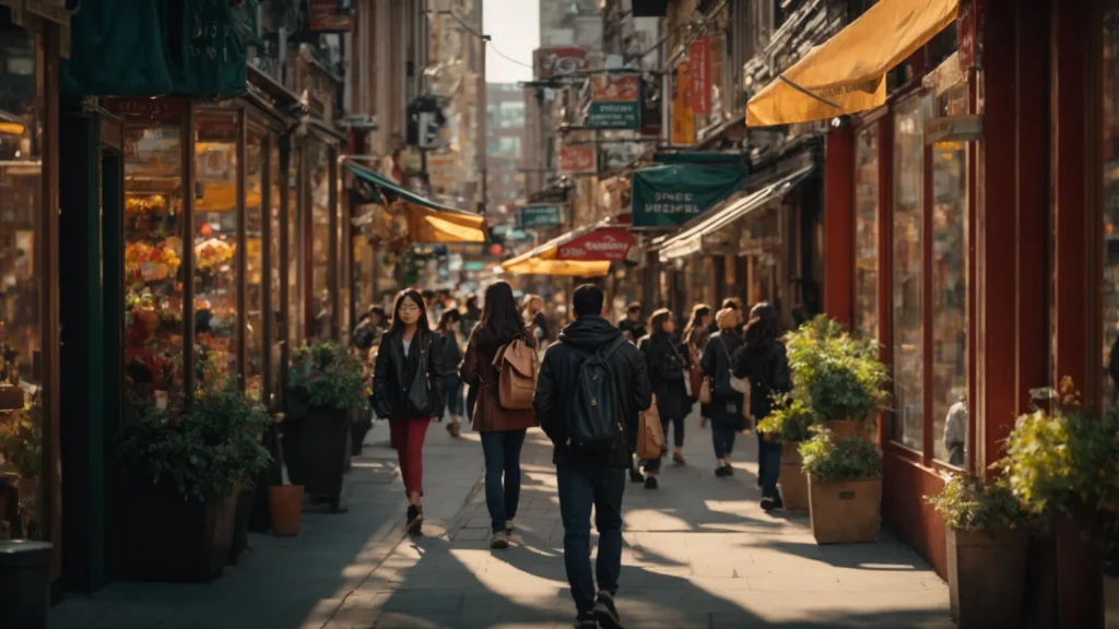 a bustling city street filled with vibrant storefronts, where consumers engage with digital devices, reflecting the dynamic interplay between local searches and their purchasing decisions, illuminated by warm afternoon light.