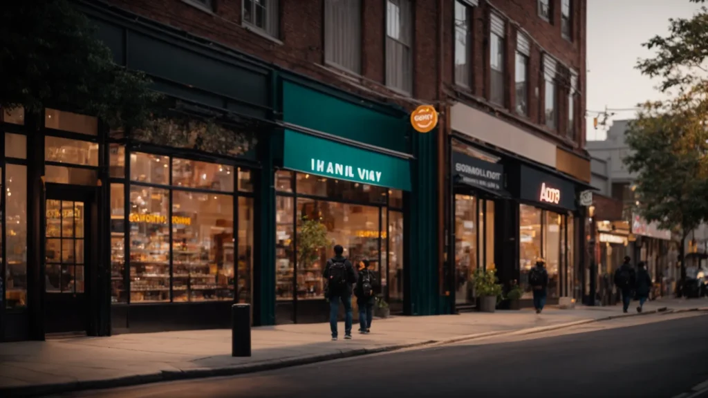 a bustling local business hub with vibrant storefronts displaying clear, prominent signage, inviting customers while reflecting a harmonious blend of consistent branding and community engagement.