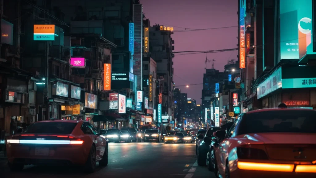 a bustling urban street at twilight, illuminated by vibrant neon lights, showcases a digital billboard prominently displaying a graph depicting rising local seo effectiveness, symbolizing the transformative power of ai-driven solutions for businesses.