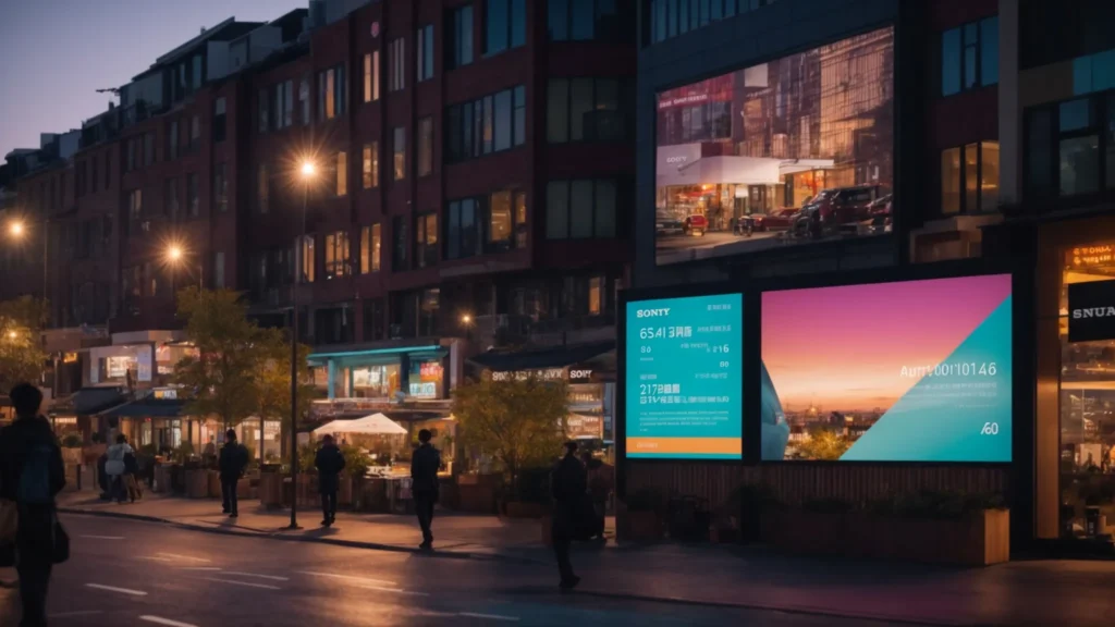 a dynamic urban landscape at dusk, with vibrant digital advertisements showcasing local businesses, symbolizing the fusion of traditional and modern seo strategies in a visually striking approach to digital marketing.