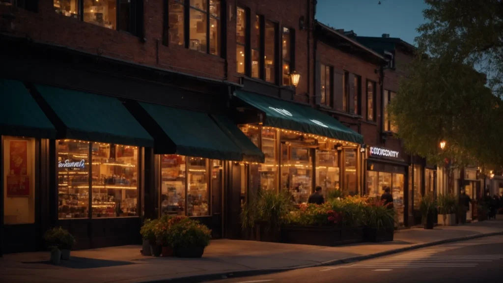 a dynamic urban landscape features a prominent local business proudly displayed among vibrant storefronts, illuminated by warm evening light, showcasing its verified listing and glowing customer reviews on nearby digital screens.