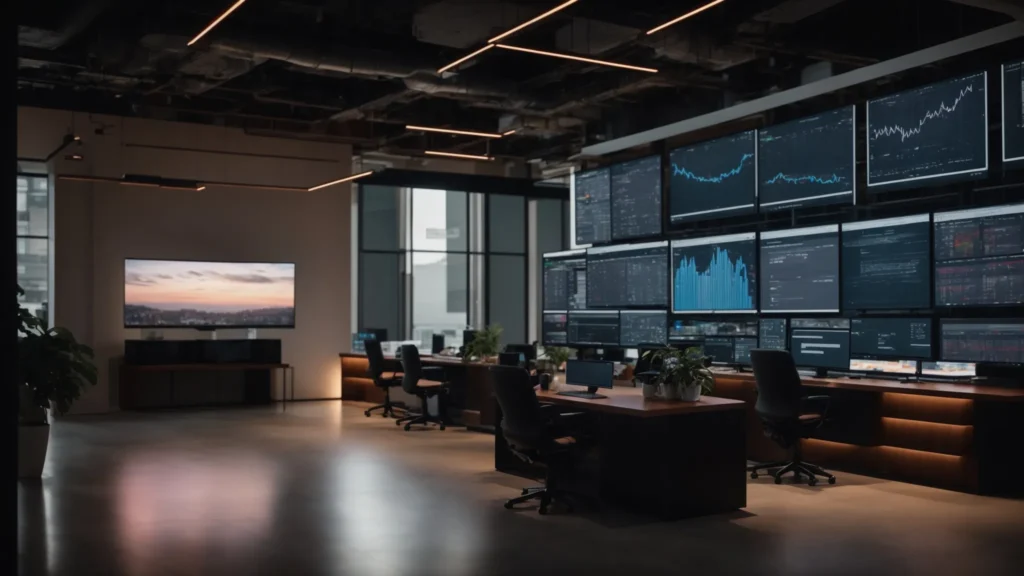 a sleek, modern workspace filled with interactive digital displays showcasing various ai marketing tools, illuminated by soft, ambient lighting that highlights analytical graphs and user-friendly interfaces.