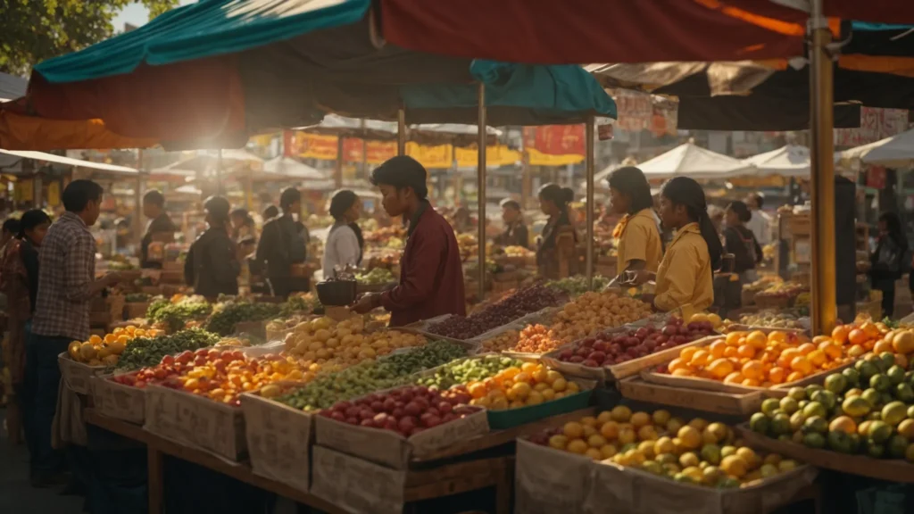 local market scene illuminated by warm sunlight, with diverse small businesses showcasing their unique offerings, symbolizing the successful integration of ai tools into modern marketing strategies.