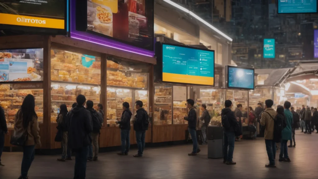 a vibrant, bustling marketplace filled with diverse customers interacting with ai-driven kiosks, surrounded by dynamic digital advertisements showcasing personalized offers and recommendations.