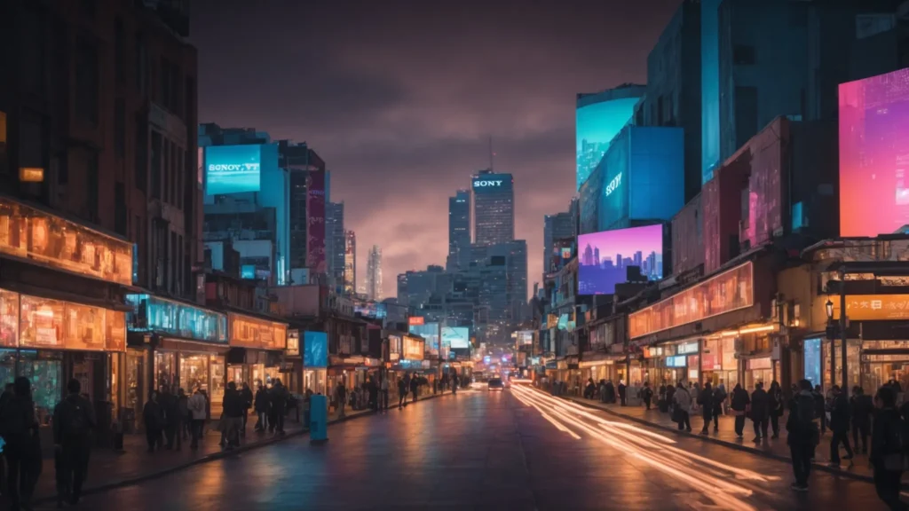 a vibrant cityscape at dusk, illuminated by glowing storefronts and dynamic digital billboards, symbolizes the critical role of local seo in connecting businesses with their community.