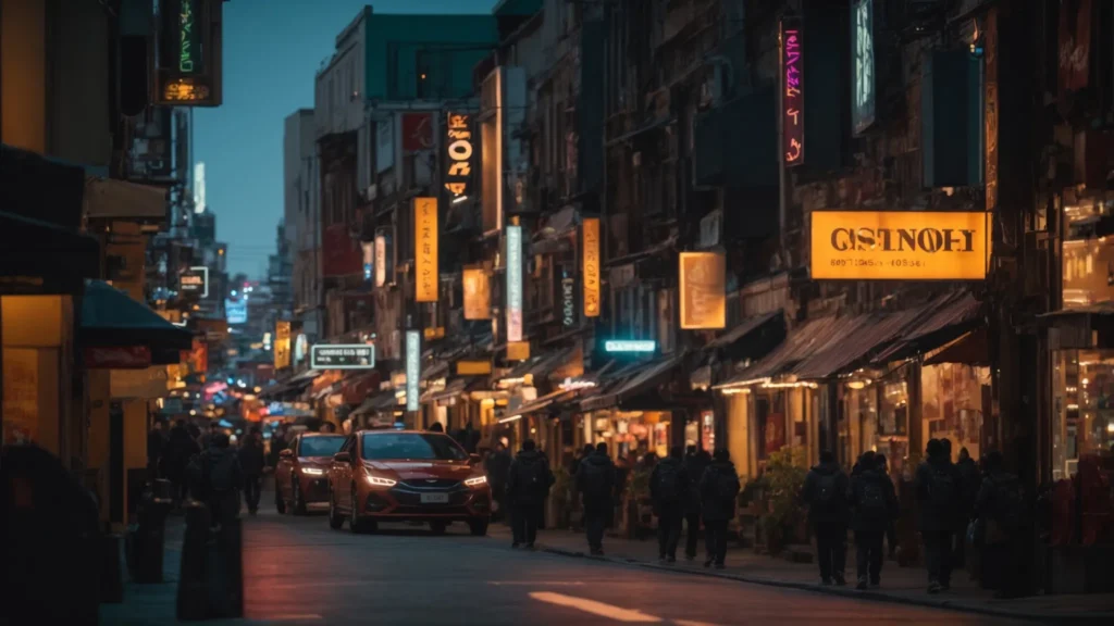 a vibrant cityscape at dusk, illuminated by glowing street signs and bustling storefronts, emphasizing the dynamic interplay of local businesses leveraging ai strategies for enhanced visibility and growth.