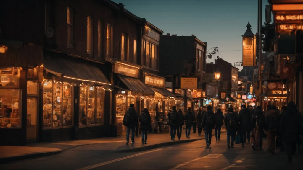 a vibrant cityscape at dusk, showcasing a bustling street lined with illuminated storefronts, each prominently displaying local businesses that attract customers with engaging signs and warm, inviting light.