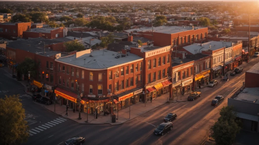 a vibrant cityscape at sunset, showcasing a diverse array of local businesses with colorful, location-specific signage, symbolizing the importance of community engagement and local seo strategies.
