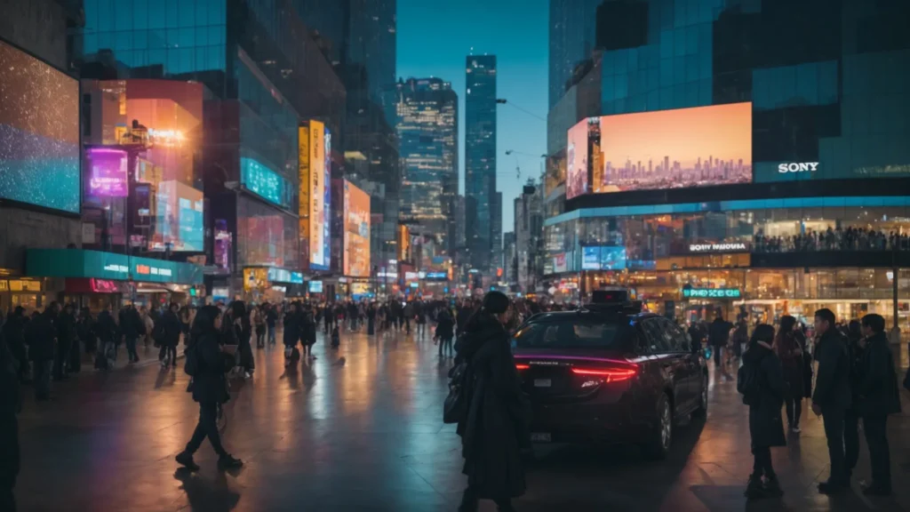 a vibrant cityscape during twilight, showcasing digital billboards illuminating the streets while diverse groups of people engage with their smartphones, symbolizing the fusion of social media strategies and ai technology in local businesses.