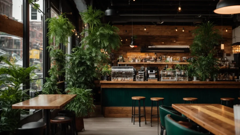 a vibrant coffee shop with an inviting atmosphere, showcasing polished wooden tables, lush green plants, and a chalkboard menu, captures the essence of a well-optimized google business profile in an urban setting.