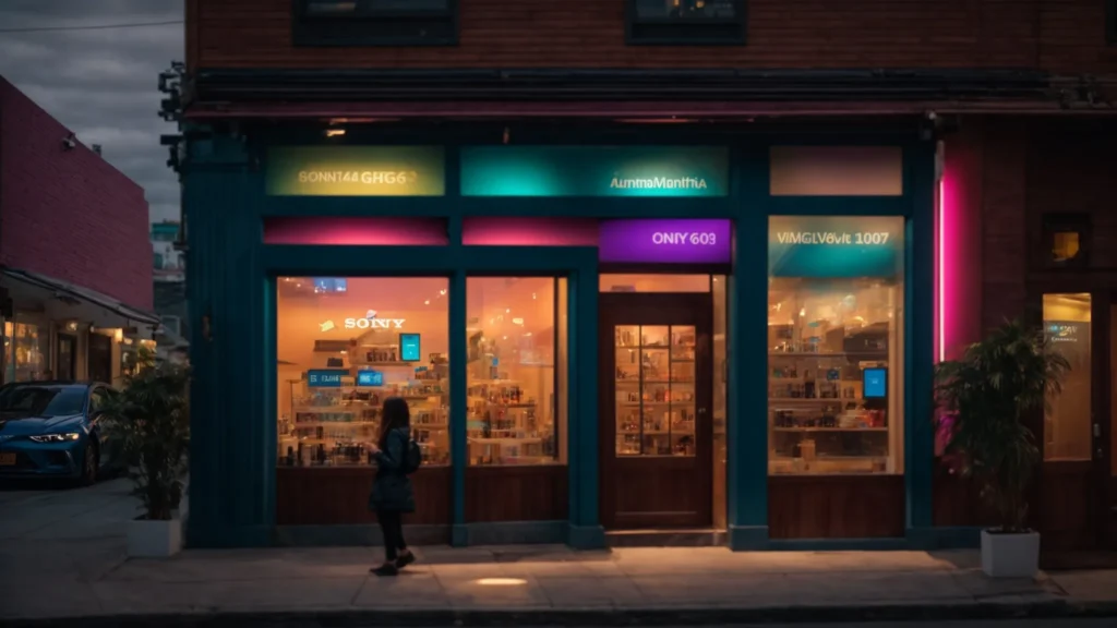 a vibrant local business storefront, adorned with digital displays of personalized marketing messages, illuminated by warm evening light, showcasing engaged customers interacting with ai chatbots for tailored experiences.