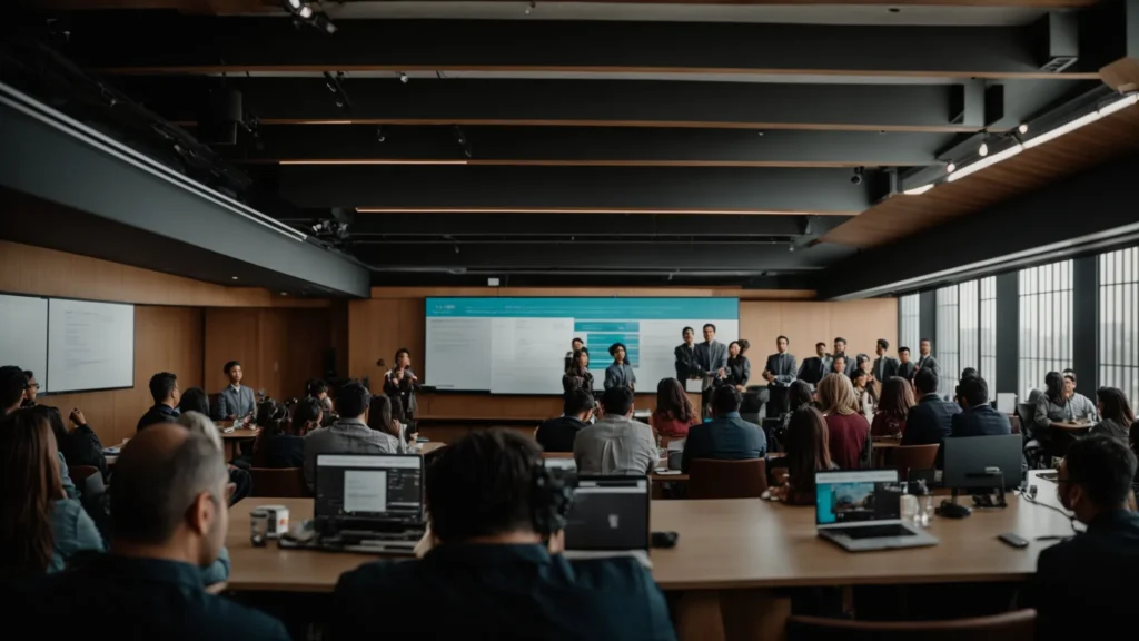 a vibrant local seo workshop scene, bustling with engaged participants and an energetic speaker, illuminated by natural light filtering through large windows, emphasizes the dynamic exchange of ideas and insights about the latest seo trends.