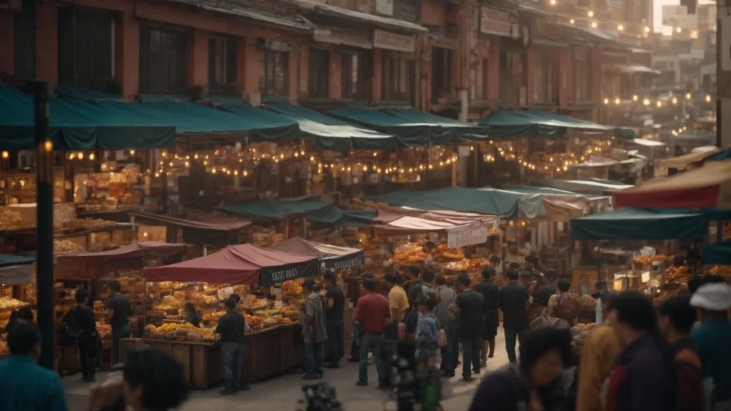 a vibrant marketplace bustling with small business owners eagerly engaging with advanced ai marketing tools, highlighting their success and transformation through innovative strategies.