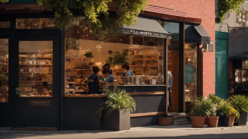 a vibrant, modern small business storefront, bustling with satisfied customers engaging with ai-driven digital displays and marketing tools, illuminated by warm afternoon sunlight to evoke a sense of innovation and growth.