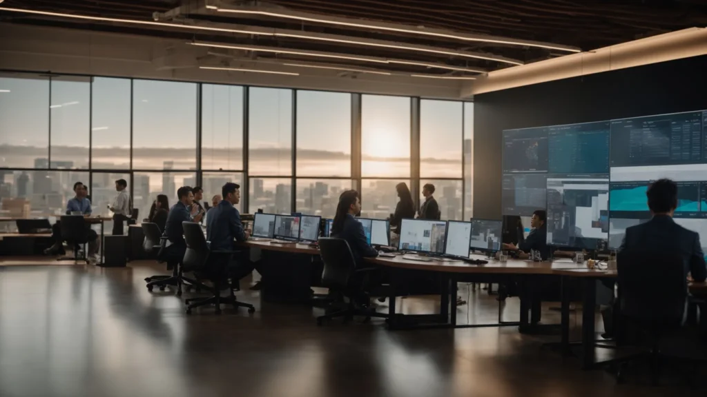 a vibrant, modern training room filled with engaged professionals collaborating around cutting-edge technology screens, showcasing the dynamic interplay of ai tools and marketing strategies in action.