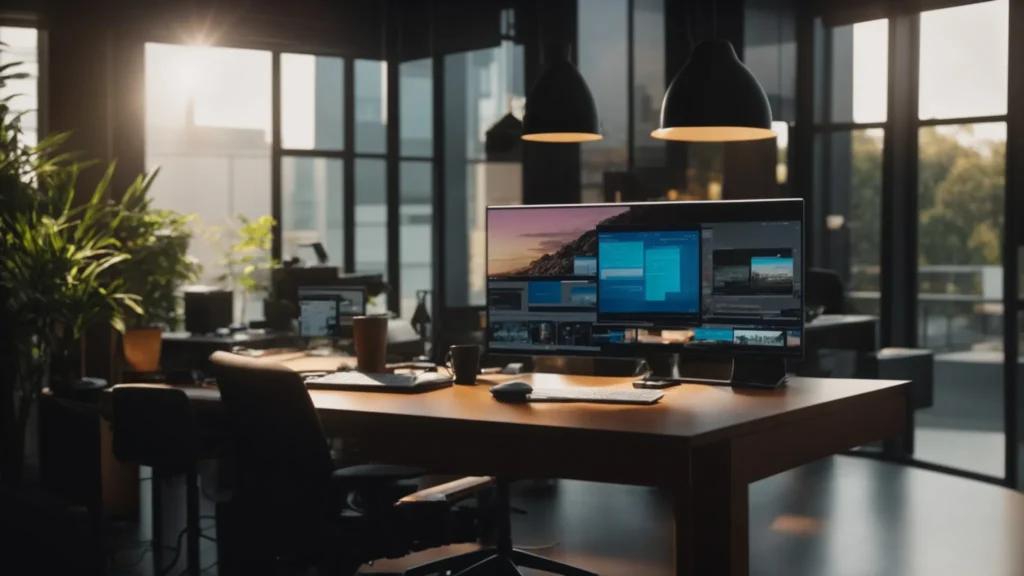 a vibrant, modern workspace filled with focused professionals engaging with advanced ai marketing tools on sleek digital devices, illuminated by warm natural light streaming through large windows.