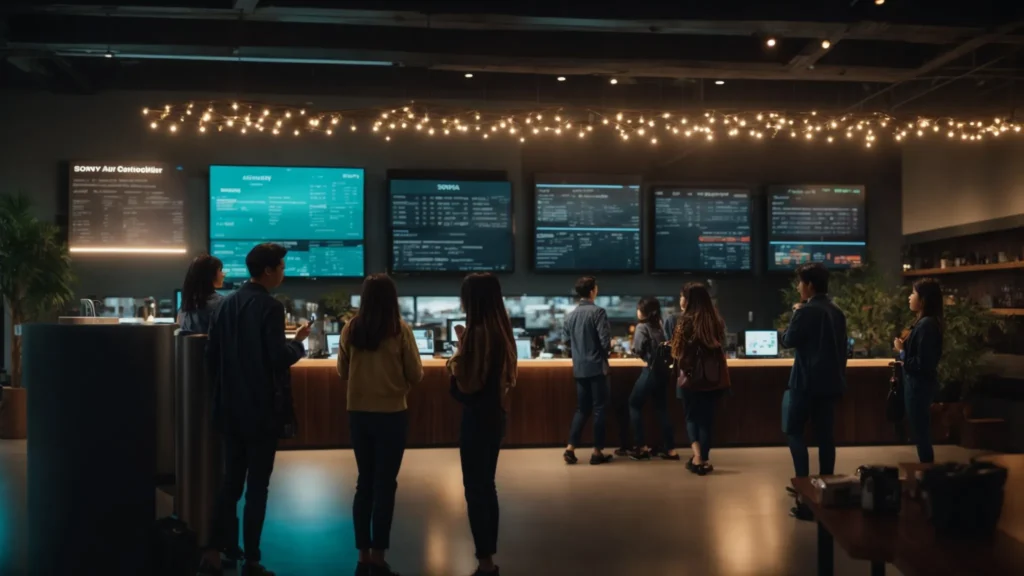 a vibrant scene capturing a local business owner reviewing ai-generated customer feedback on a sleek digital dashboard, surrounded by lively customers enjoying their experience, illuminated by warm, inviting lighting.