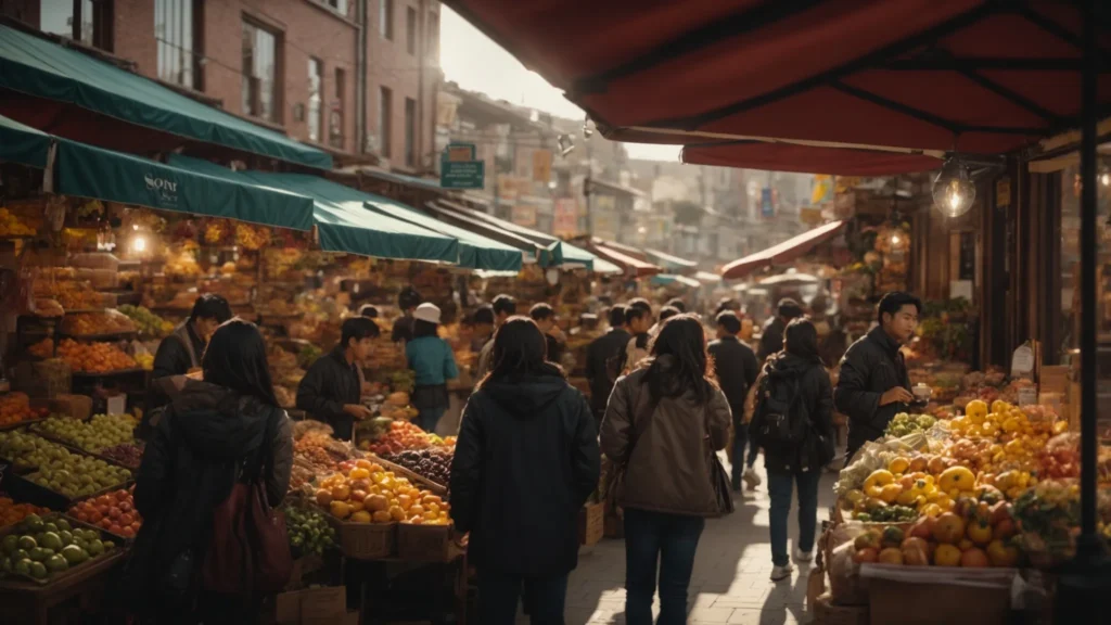 a vibrant scene of a bustling local marketplace filled with small business owners interacting with customers, emphasizing the importance of community engagement and visibility in local search rankings.