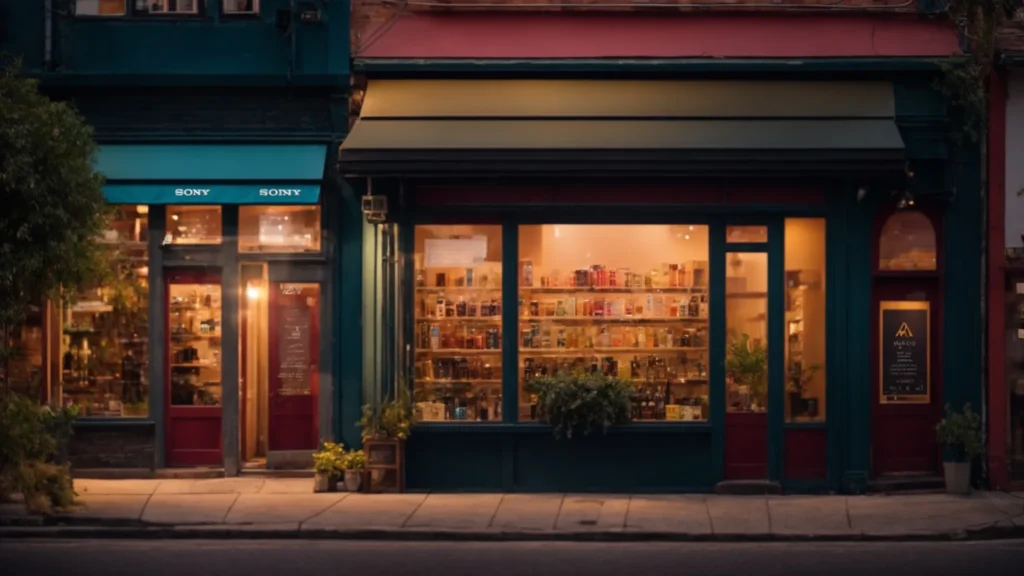 a vibrant small business storefront, illuminated by warm evening light, showcases a digital display highlighting ai marketing tools designed to enhance customer engagement and boost local outreach.