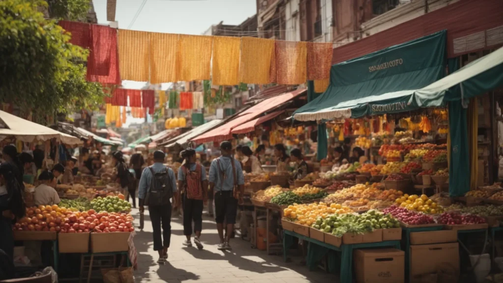 street market scene showcasing local businesses, with colorful storefronts and bustling activity, highlighting the transformative impact of ai marketing tools on customer engagement and community connection.