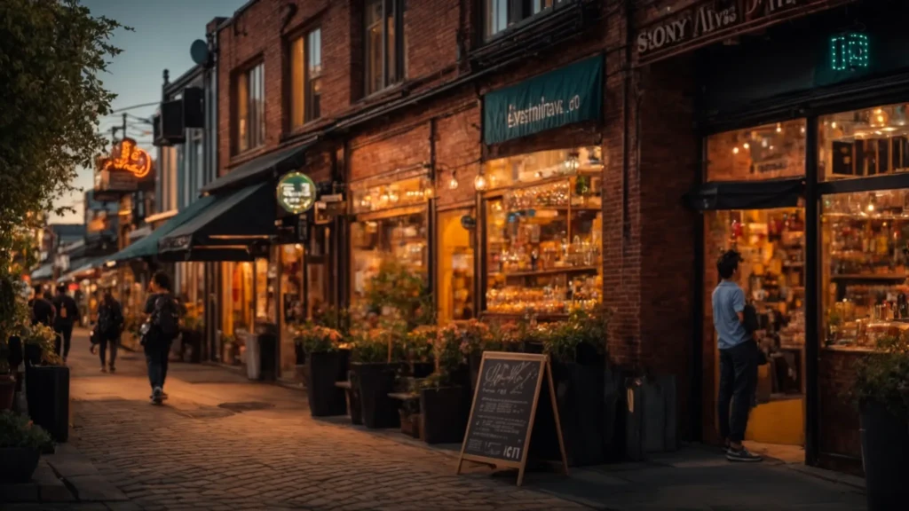 a vibrant street scene showcasing a bustling local business, illuminated by warm evening light, with eye-catching signage and engaged customers, embodying the essence of effective local seo optimization.