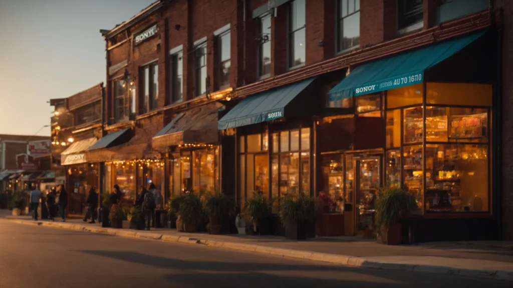 a vibrant urban street scene showcases a local business with an eye-catching storefront, surrounded by digital displays highlighting local seo benefits, immersed in warm golden hour light that enhances the atmosphere of community engagement.