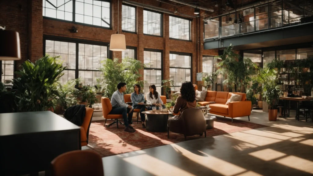 a vibrant workspace filled with small business owners engaged in a collaborative discussion, illuminated by warm, natural light, highlighting the dynamic exchange of ideas around ai marketing tools and their transformative potential.