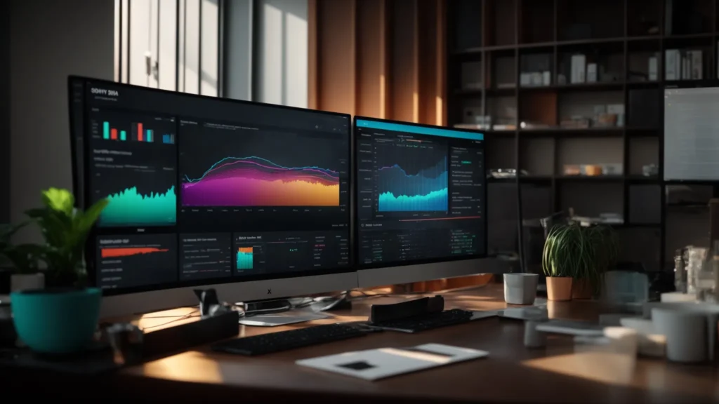 a vibrant workspace illuminated by soft natural light, showcasing a sleek digital dashboard filled with colorful graphs and engaging visuals, symbolizing the dynamic impact of ai marketing tools on small enterprises.