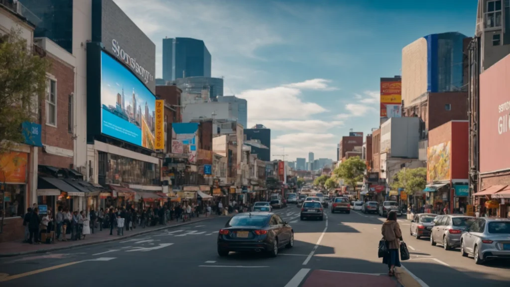 a visually striking scene depicting a bustling city street with a vibrant array of local businesses, emphasizing a prominent google my business listing on a digital billboard under a bright blue sky, symbolizing the dynamic contrast between local seo and traditional seo.