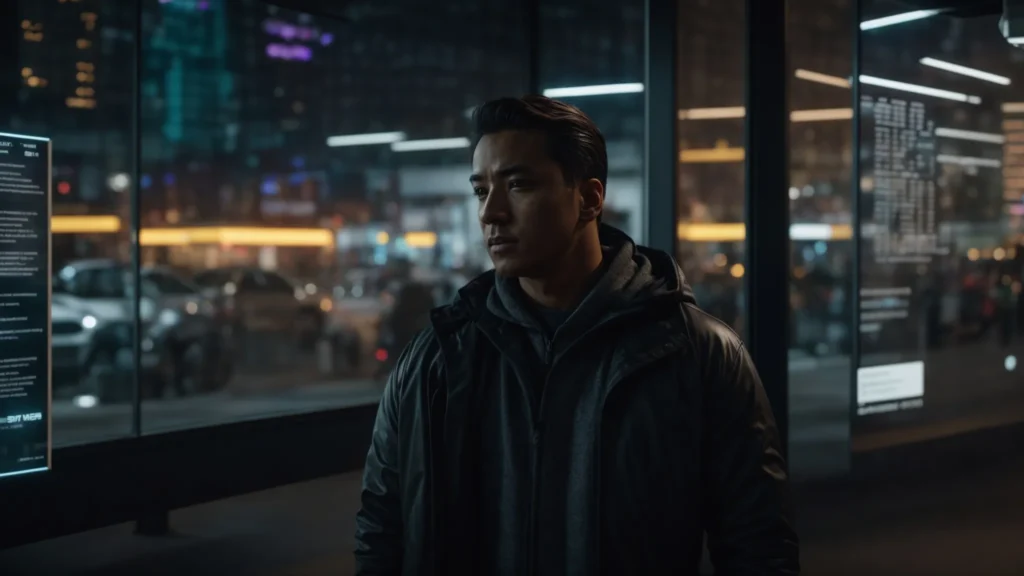 storefront displays a perplexed business owner surrounded by digital screens showcasing complex data analytics, under moody lighting that highlights the tension between tradition and modern ai technology integration.